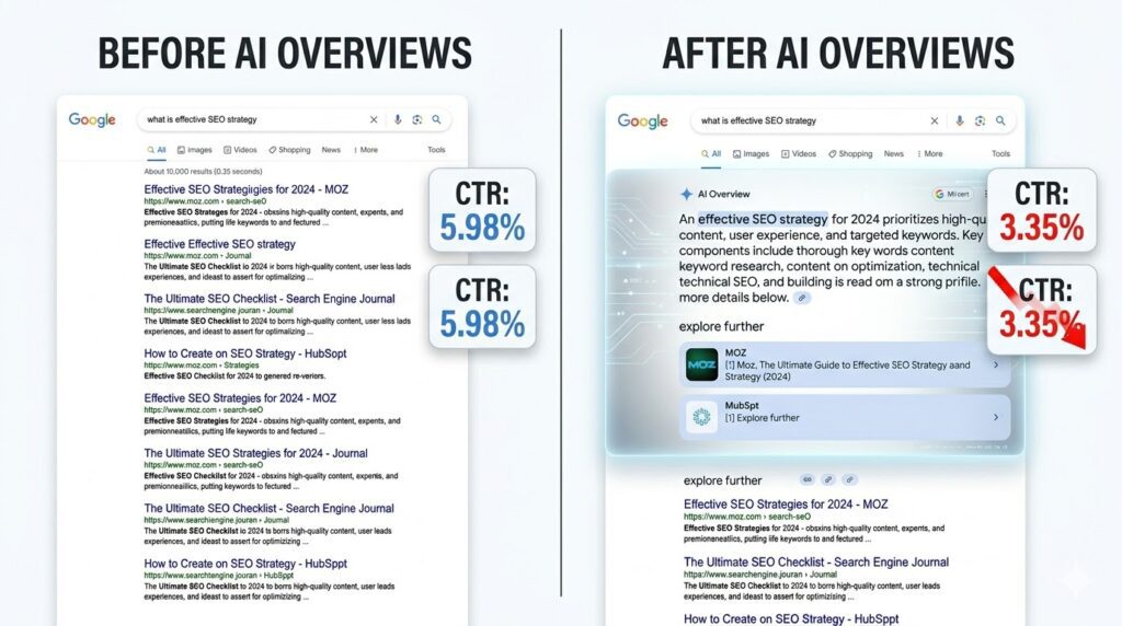 Side by side comparison of Google search results before and after AI Overviews showing reduced organic visibility