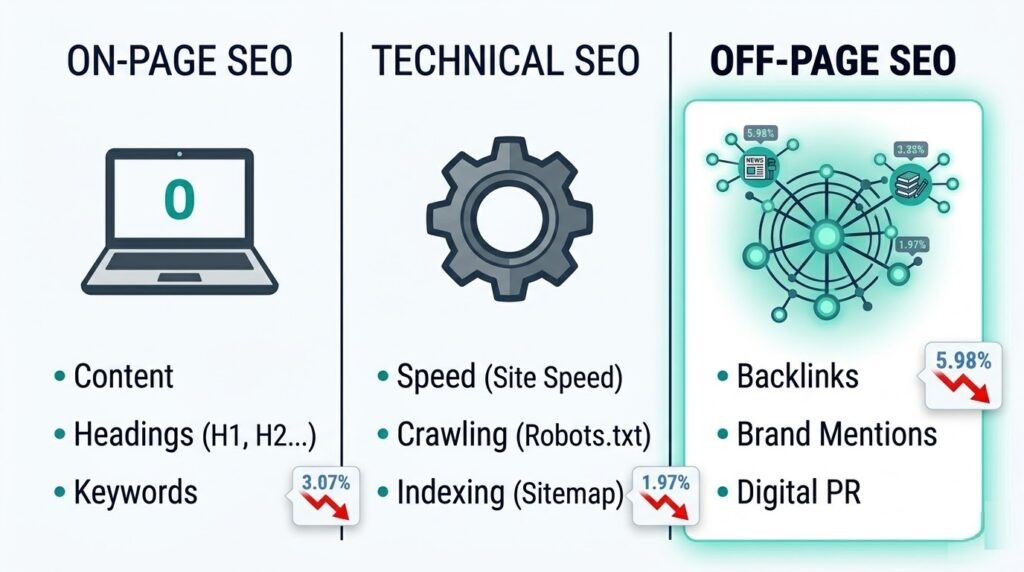 Diagram showing the three pillars of SEO with off-page SEO highlighted including backlinks brand mentions and digital PR